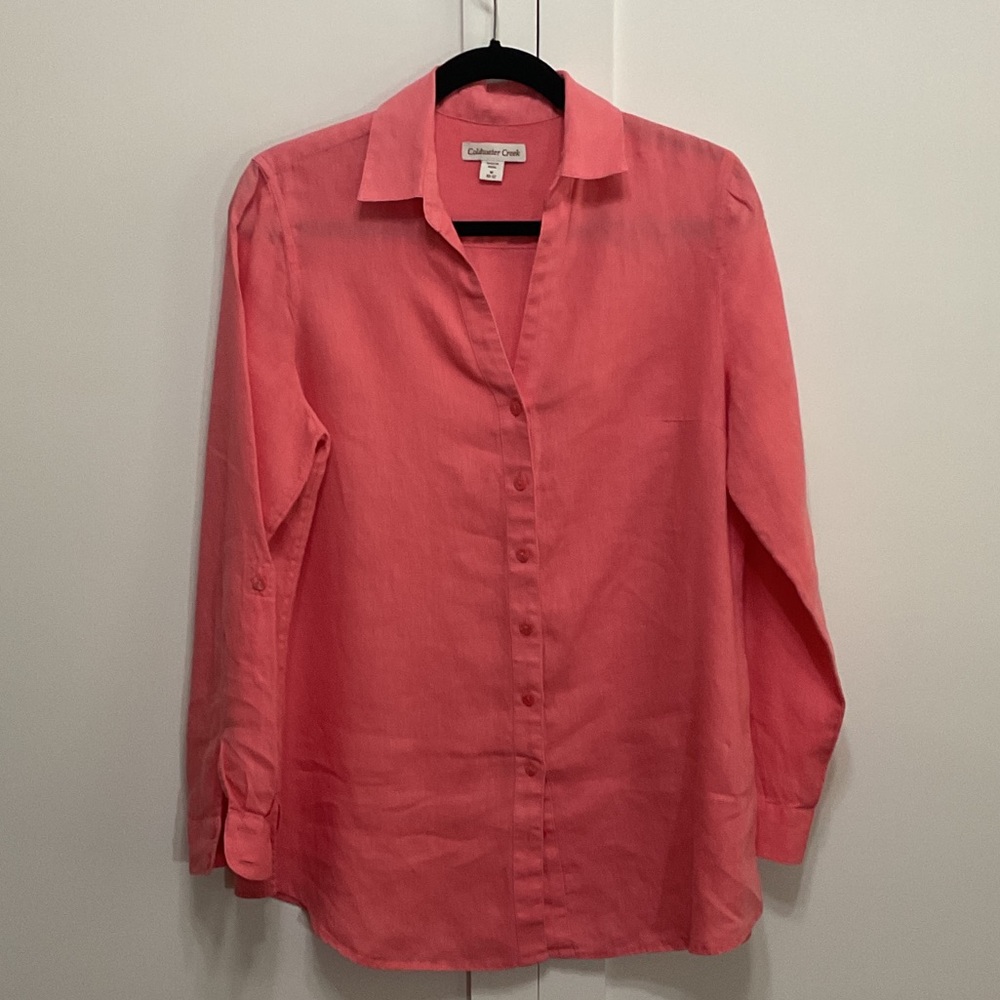 Coldwater Creek Pink-Coral Button Front 100% Linen Blouse M (10-12)